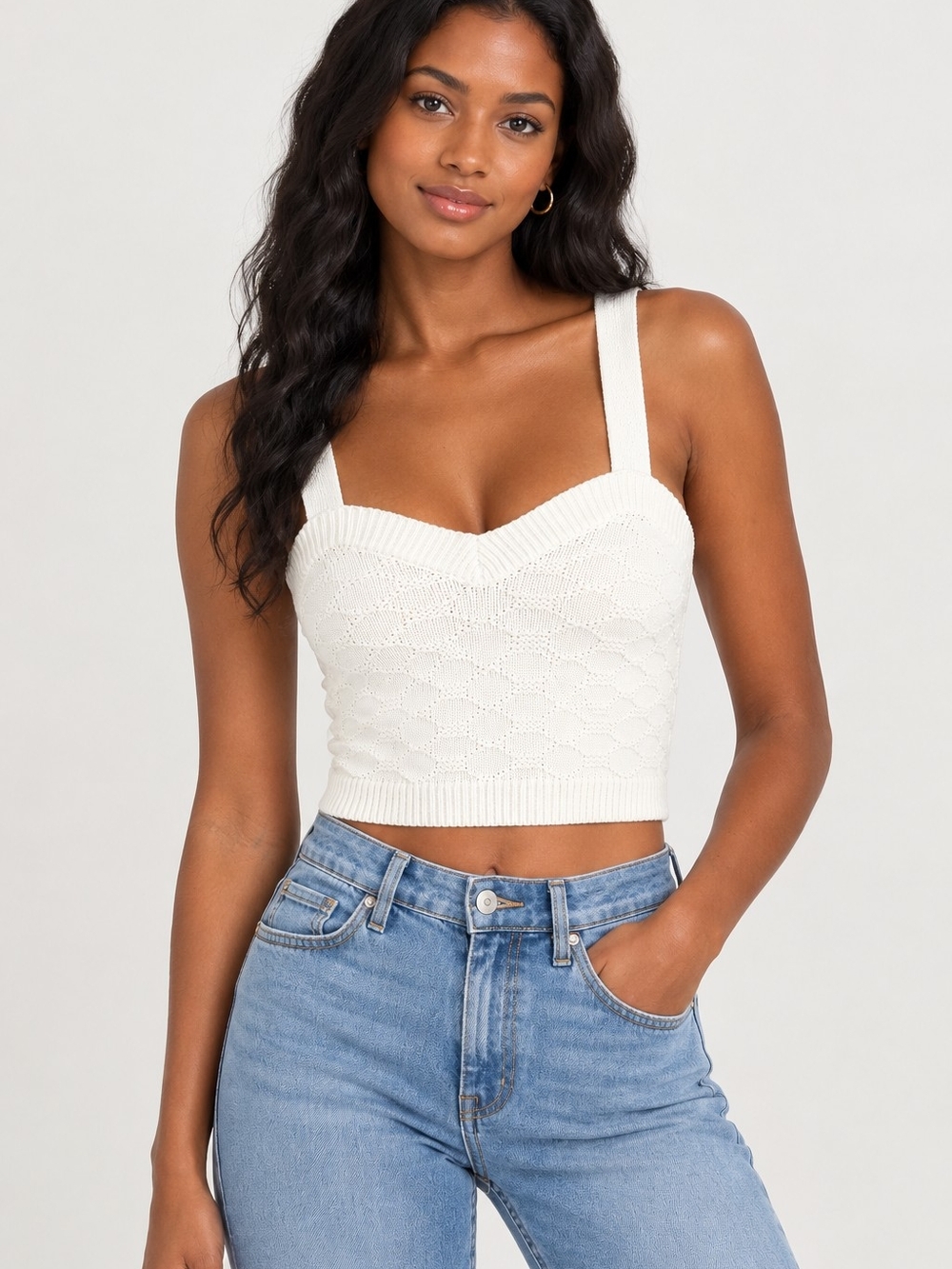 TWIK Cream Knit Sweetheart Crop Tank Sweater L/G Feminine Cottagecore Boho